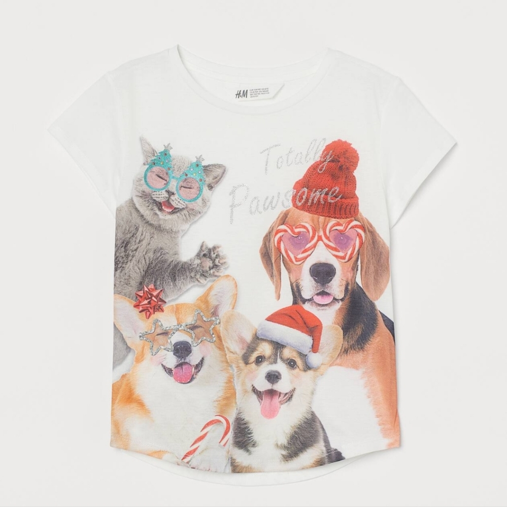H&M Kids White 'Totally Pawsome' Graphic Holiday Christmas Tee NWT Size 12/14